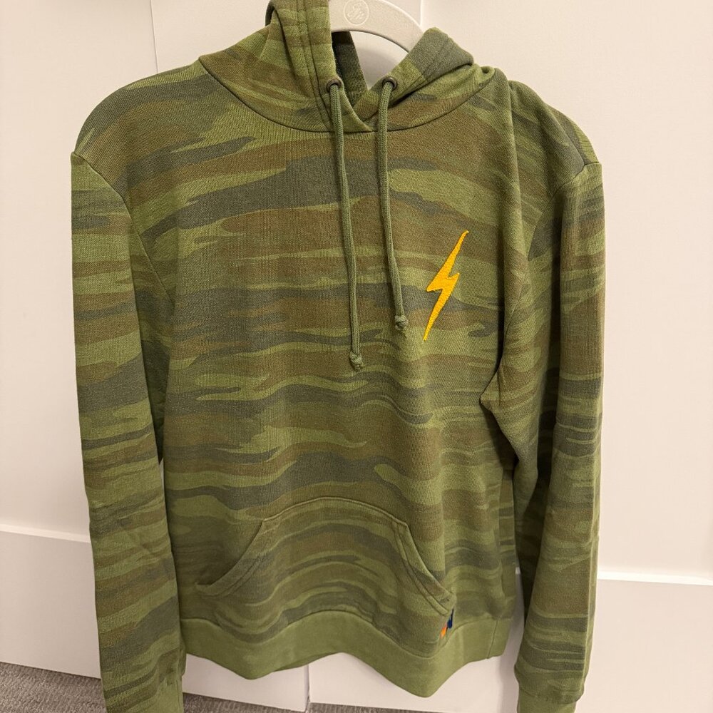 Aviator Nation Green and Yellow Camouflage Logo Hooded Sweatshirt